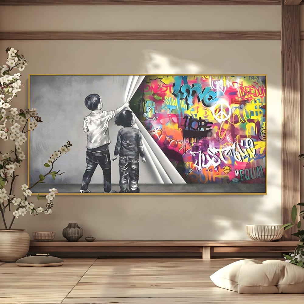 Tablou canvas cu tablou canvas cu copii si perete grafitti, in rama de aluminiu auriu